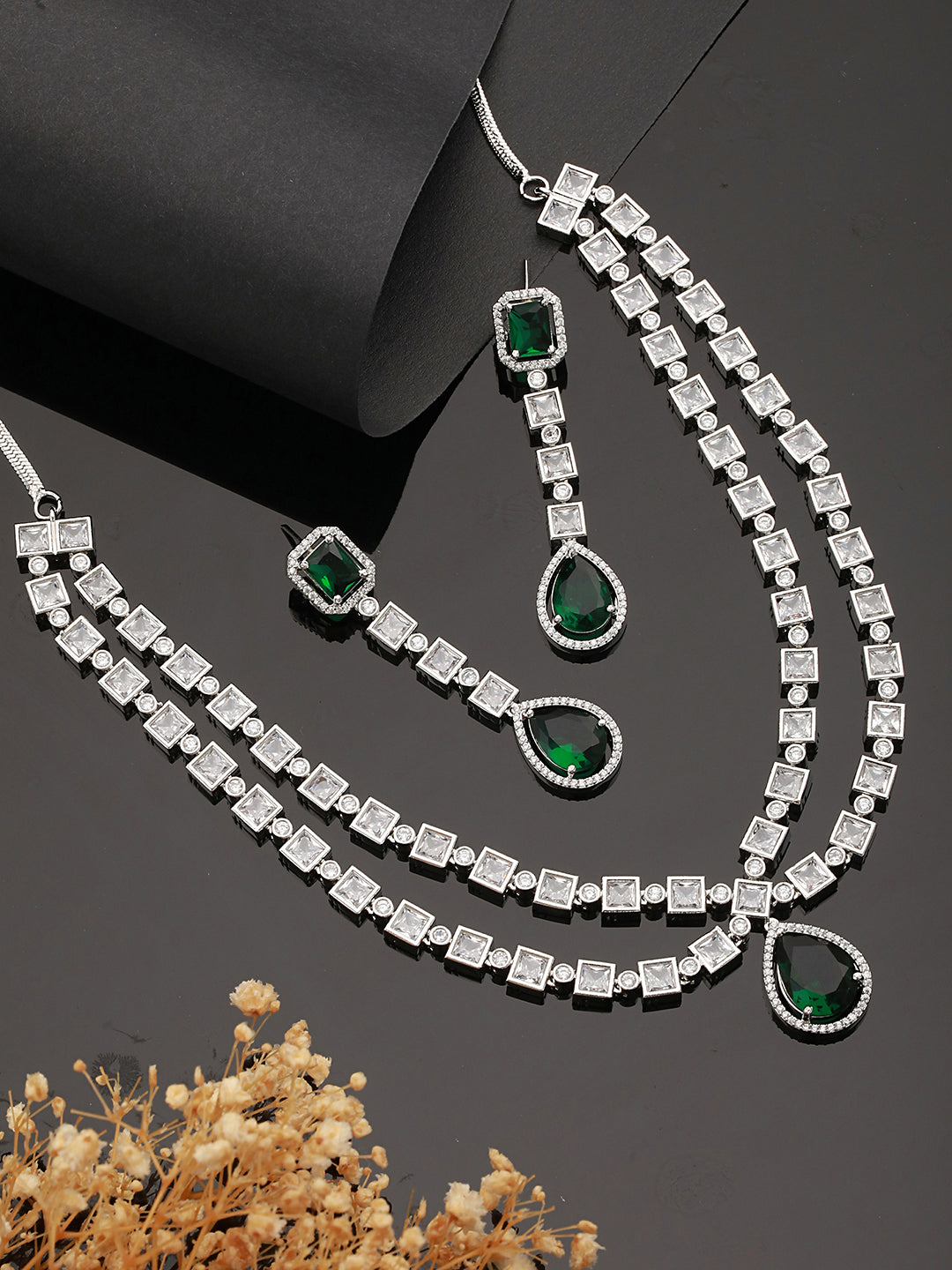 Silver Toned Green Zircon Studded Double Lined Designer Luxe Necklace Jewellery  Set