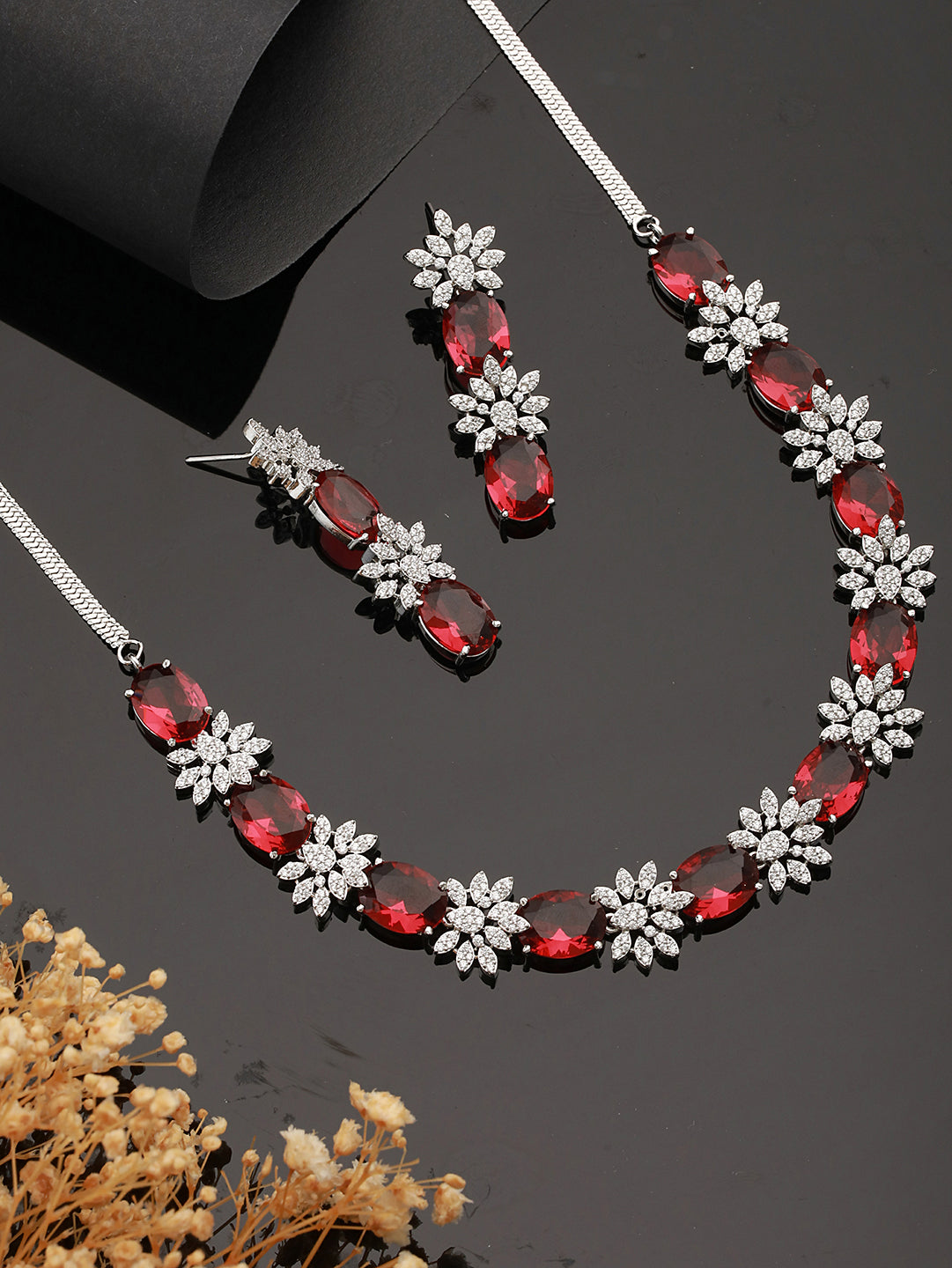 Silver Plated Red ADStudded Designer Floral Design Jewellry Set