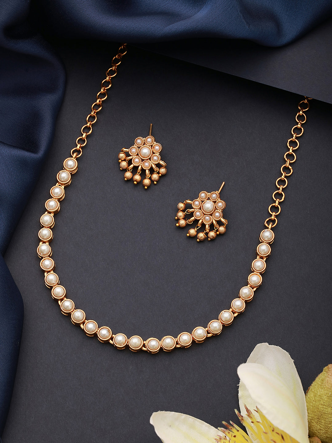 Gold Plated Pearl Beaded Minimal Dailywear  Necklace Jewellery  Set
