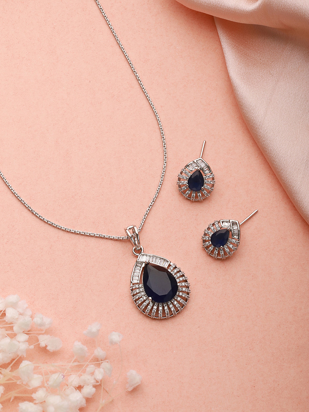 Silver Plated Blue Sapphire Tilak AD studded Pendant Locket Jewellery Set