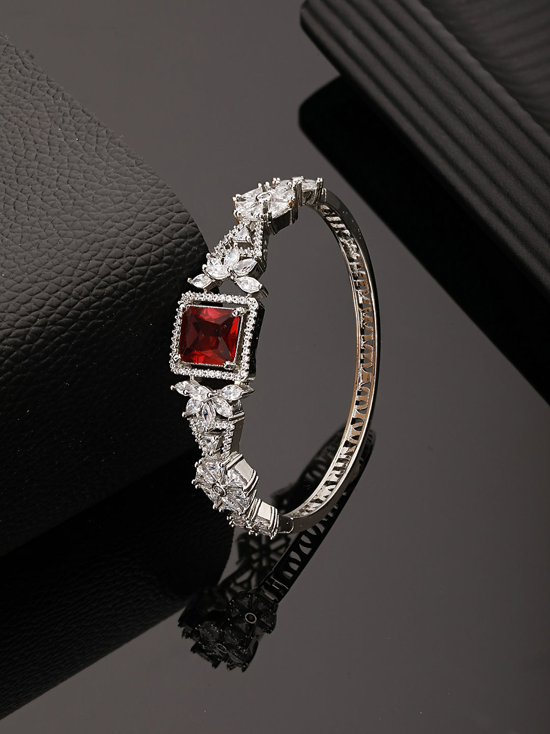 Silver Toned Red Zircon Studded Designer Kada Bracelet