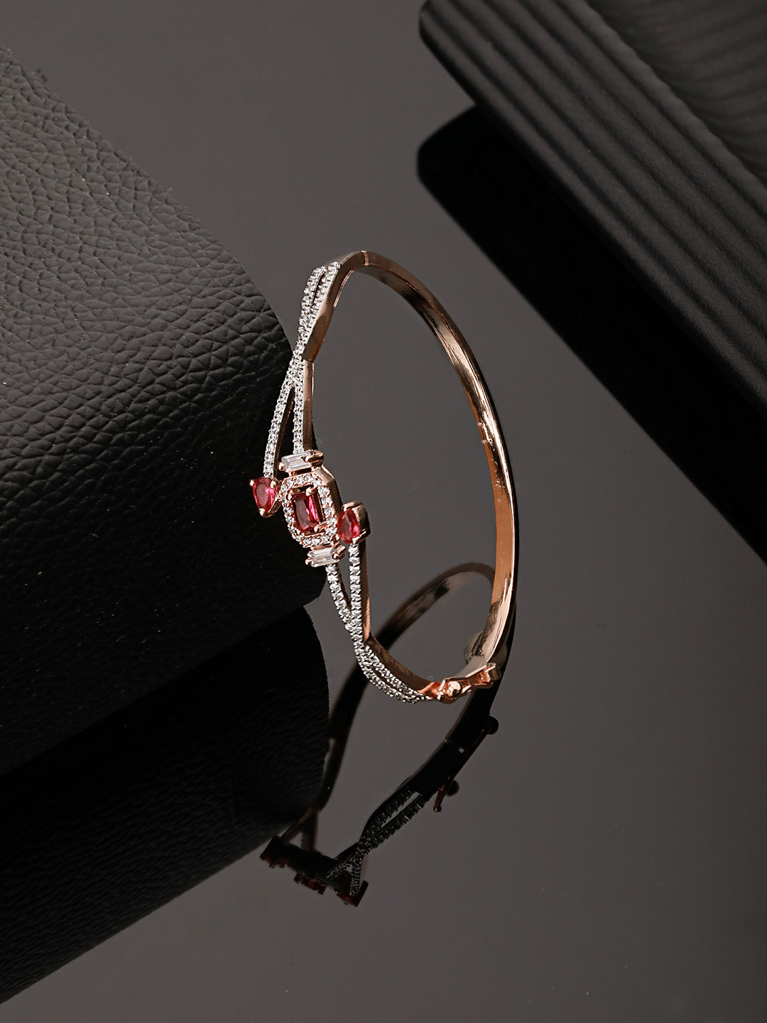 Rose Gold plated Red AD Studded Minimal Bangle Bracelet