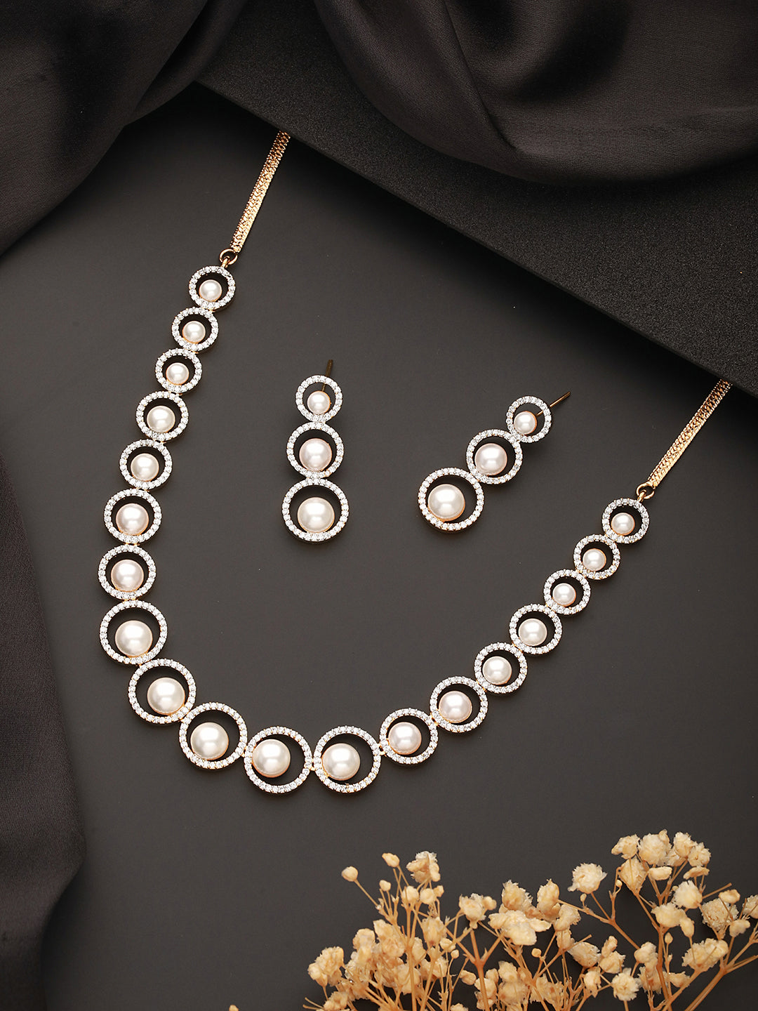 Gold Toned Pearl Beaded Designer Minimal Necklace  Jewellery Set