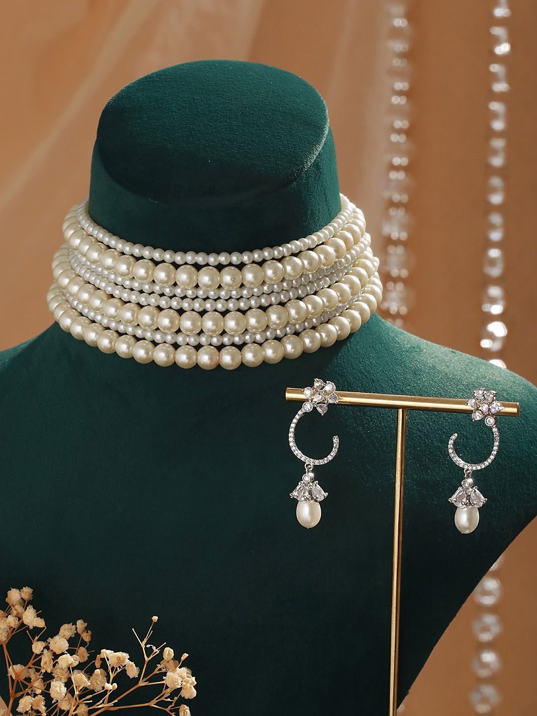 Pearl Beaded 7 Layered Minimal Luxe Choker with AD Earrings  Jewellery  Set