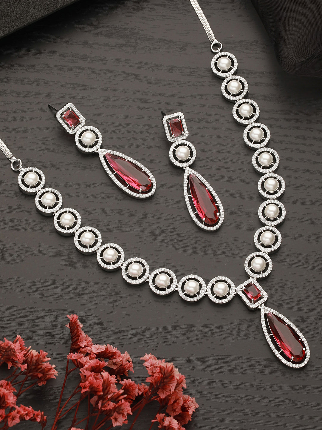 Silver Rhodium  Red Zircon Pearl Beaded  Designer Necklace  Jewellery  Set