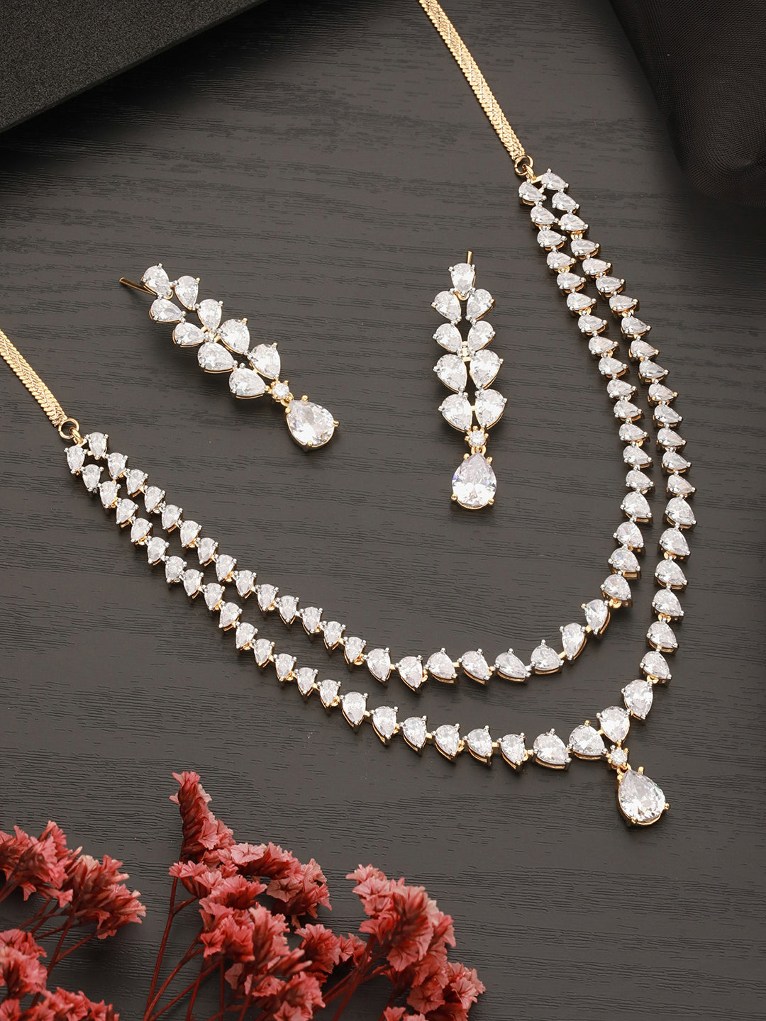 Gold Plated Zircon Studded Double  Lined Pear Shaped Solitaire Bridal Necklace jewellery Set