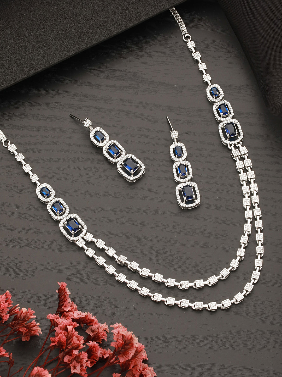 Silver Plated  Blue Zircon Studded Double Lined Bridal Designer  Jewellery set