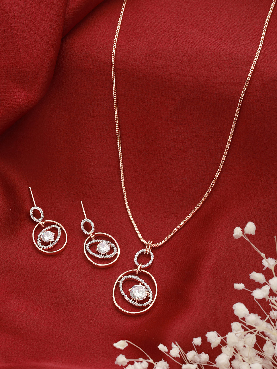 Rose Gold Plated Zircon Studded Solitaire Minimal  Pendant Necklace Jewellery Set