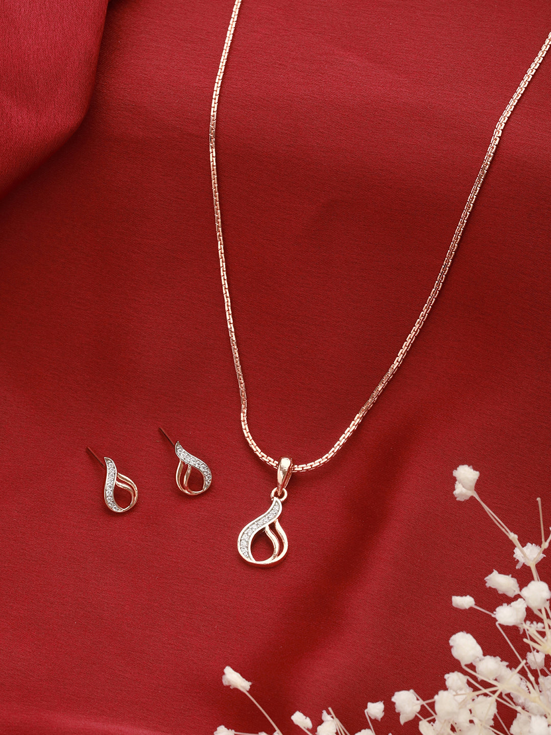 Rose Gold Plated AD Studded Swirl Minimal Pendant Necklace Jewellery Set