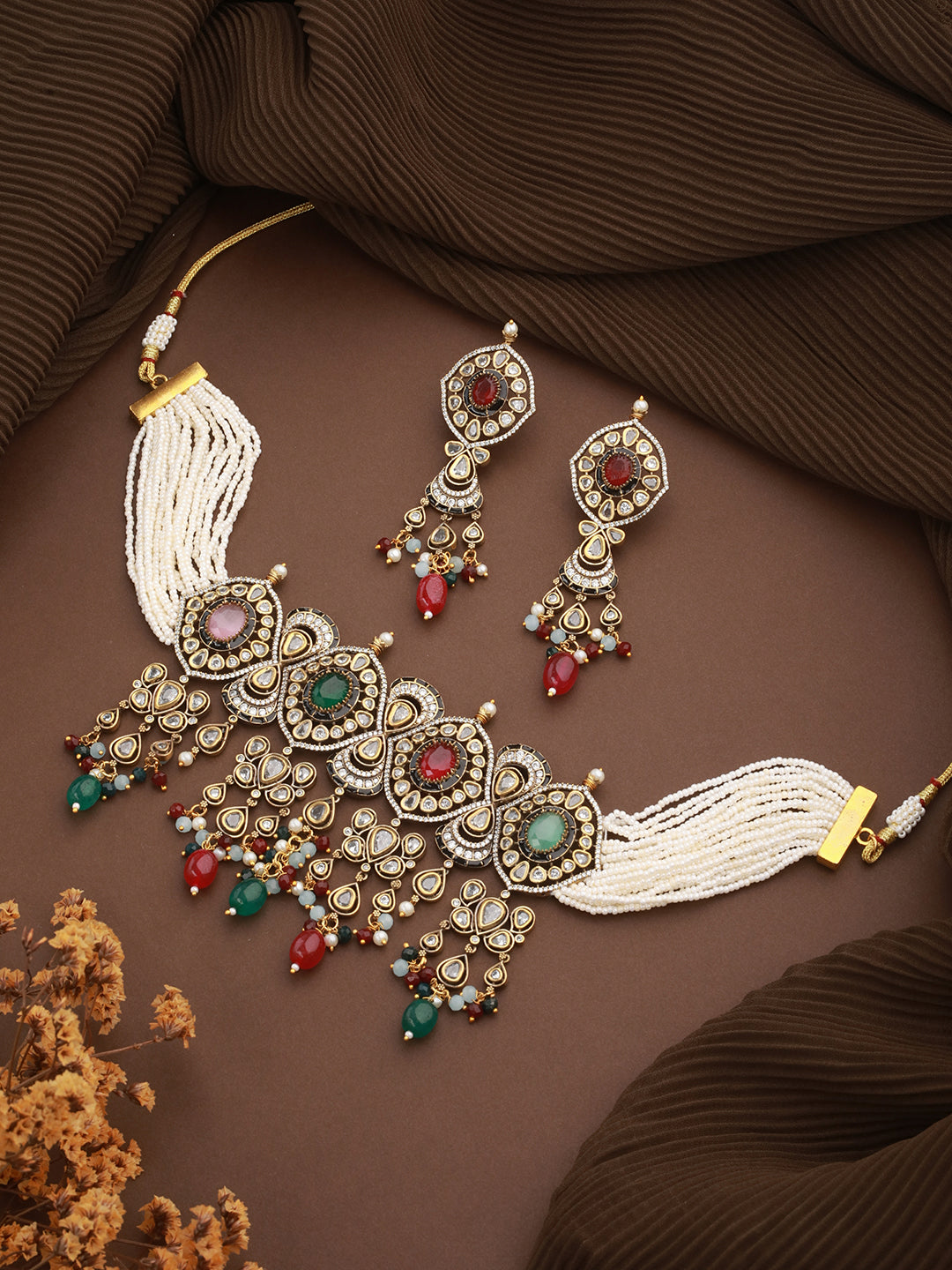 Gold Plated Kundan Studded Multicoloured Bridal Designer Choker Necklace Jewellery set