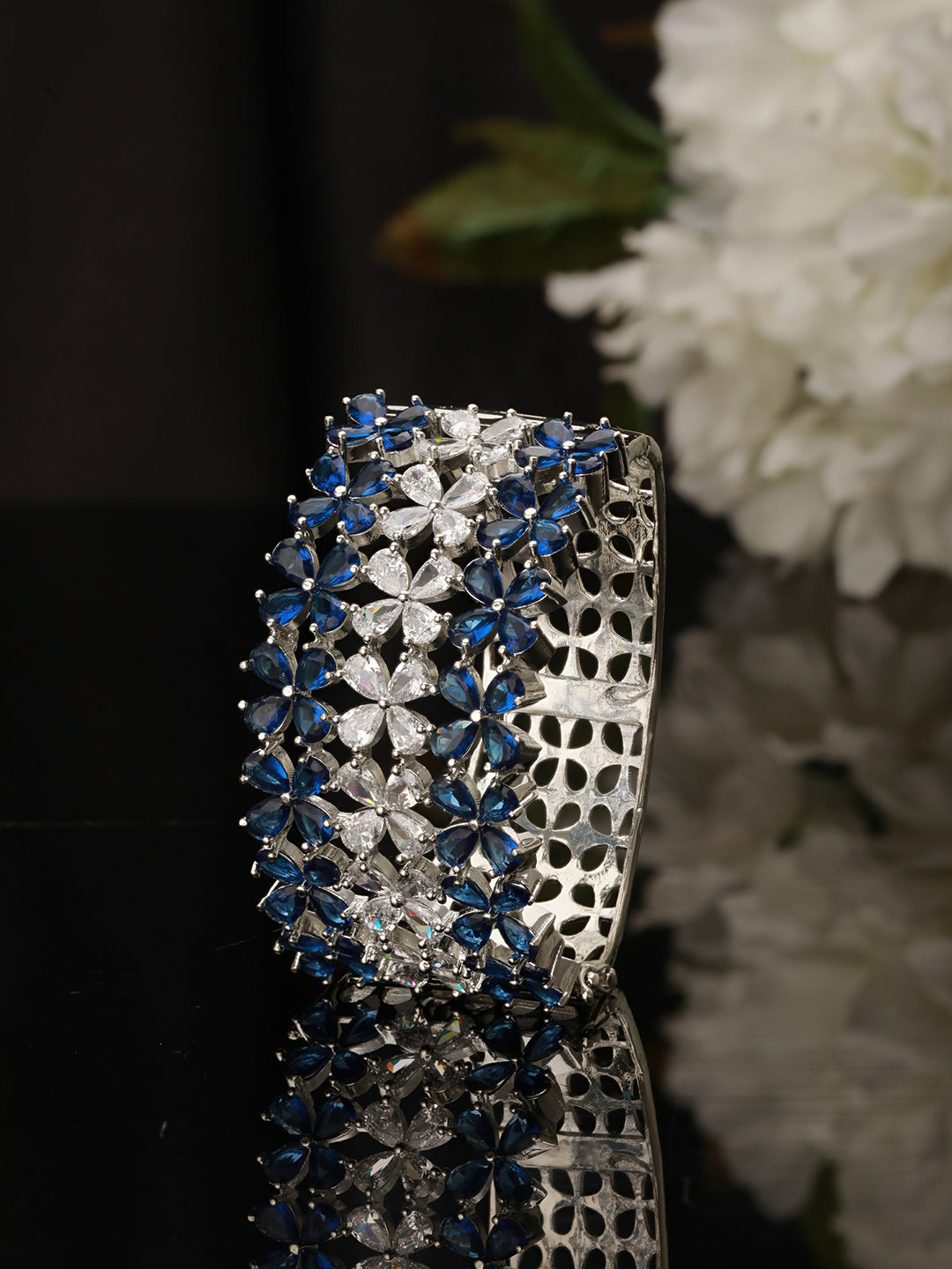 Silver Toned Blue Sapphire AD Studded Designer Bridal  Kada Bracelet