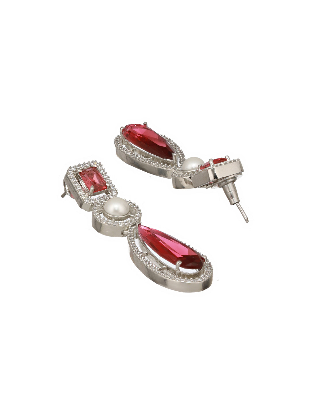 Silver Rhodium  Red Zircon Pearl Beaded  Designer Necklace  Jewellery  Set