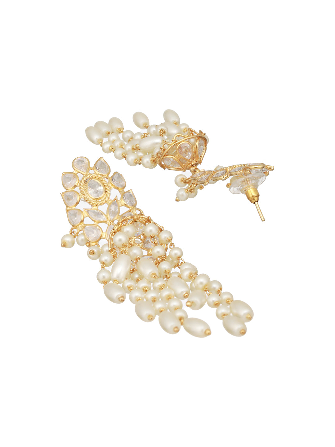 24K Gold Plated Kundan Studded Pearl Beaded Dropdown Minimal Lightweight Earring