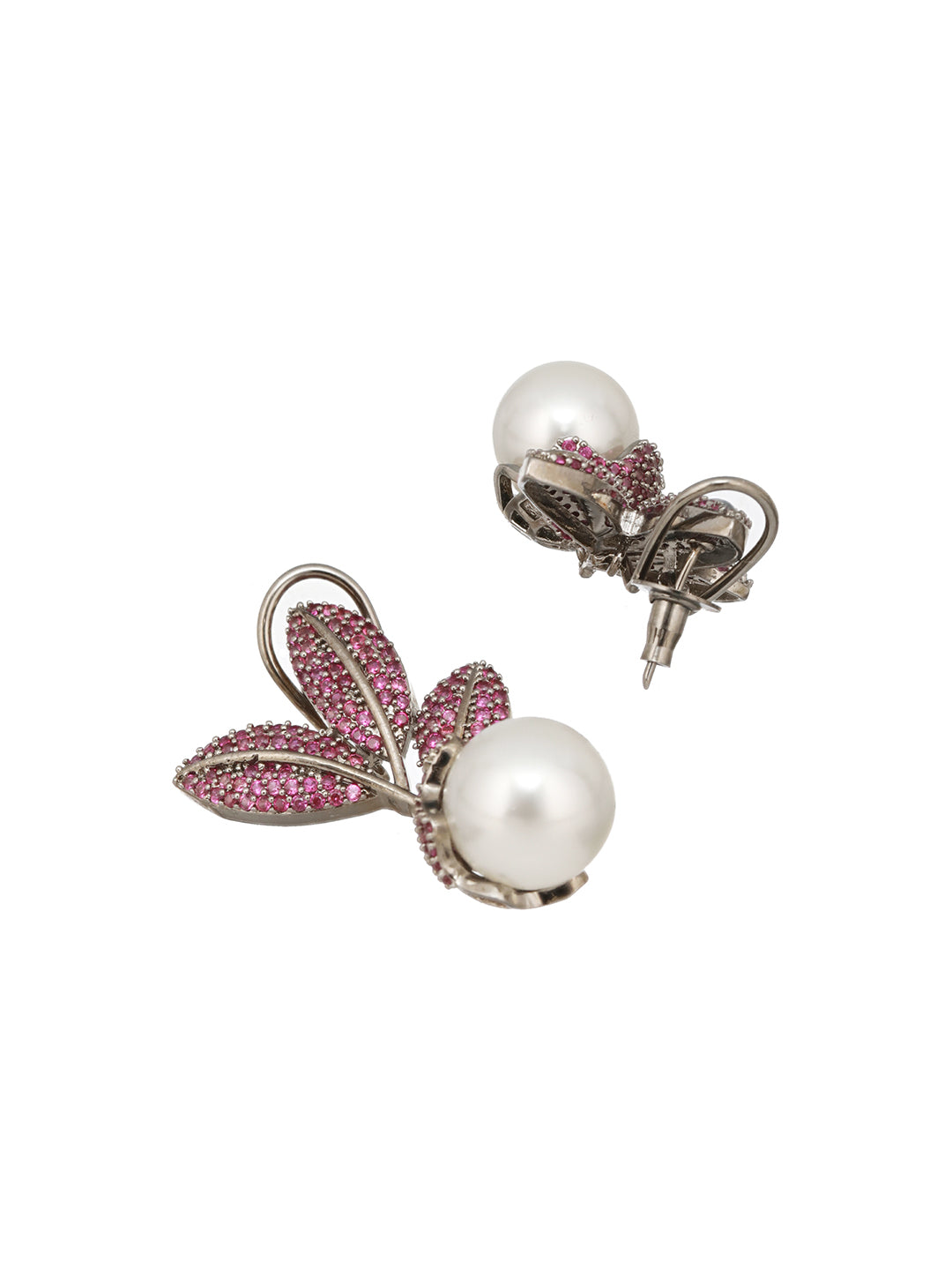 Silver Plated Red AD & Pearl Studded Luxe Designer Floral Designer  Earrings