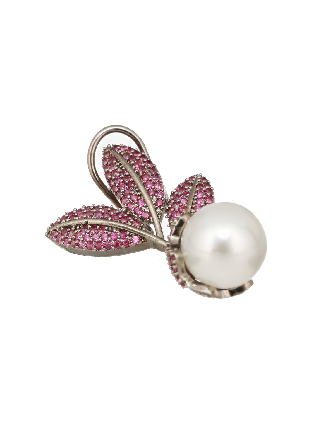 Silver Plated Red AD & Pearl Studded Luxe Designer Floral Designer  Earrings