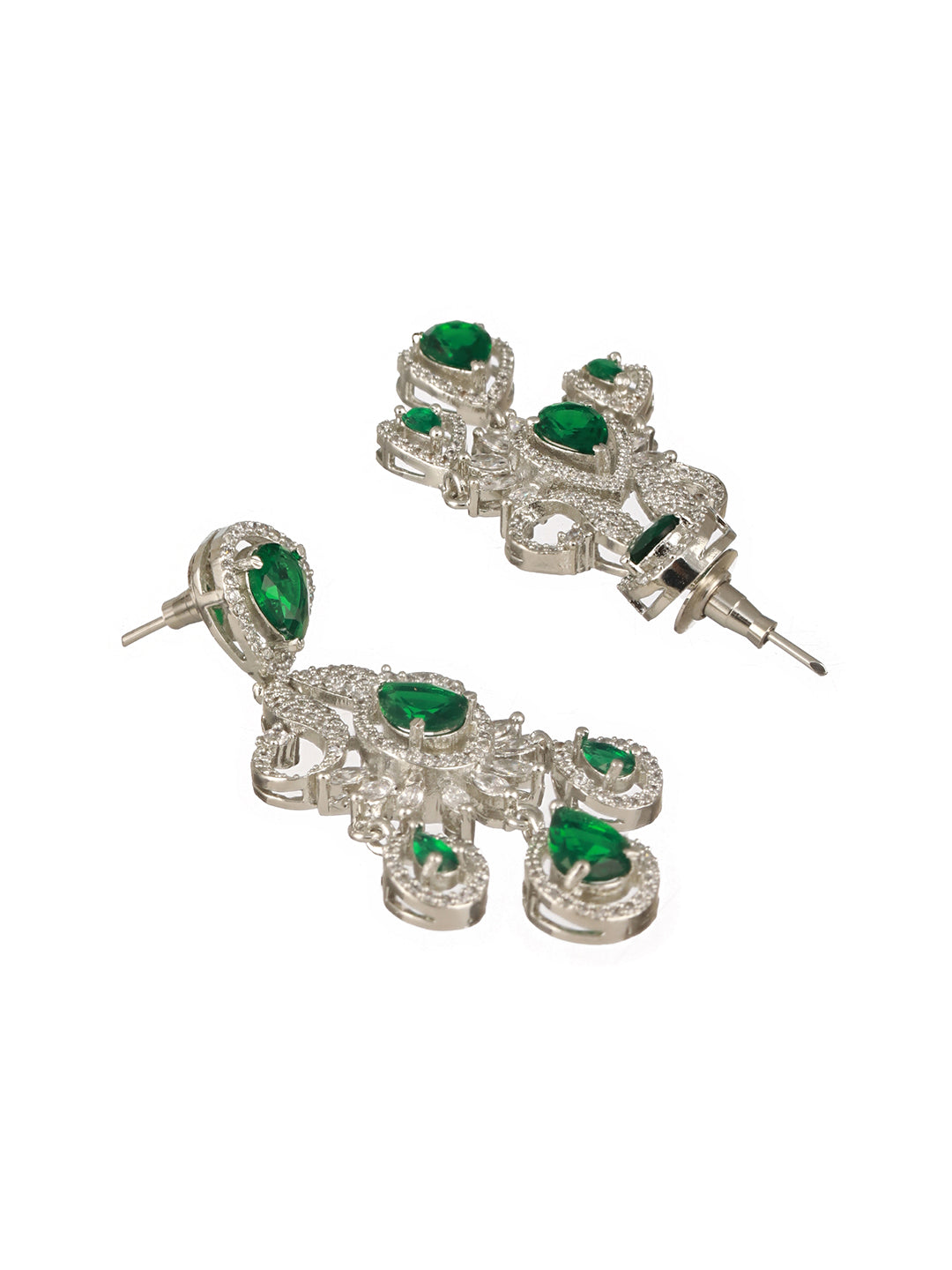 Silver Plated Emerald Green AD Studded Luxe Designer Floral  Pendant Jewellery Set