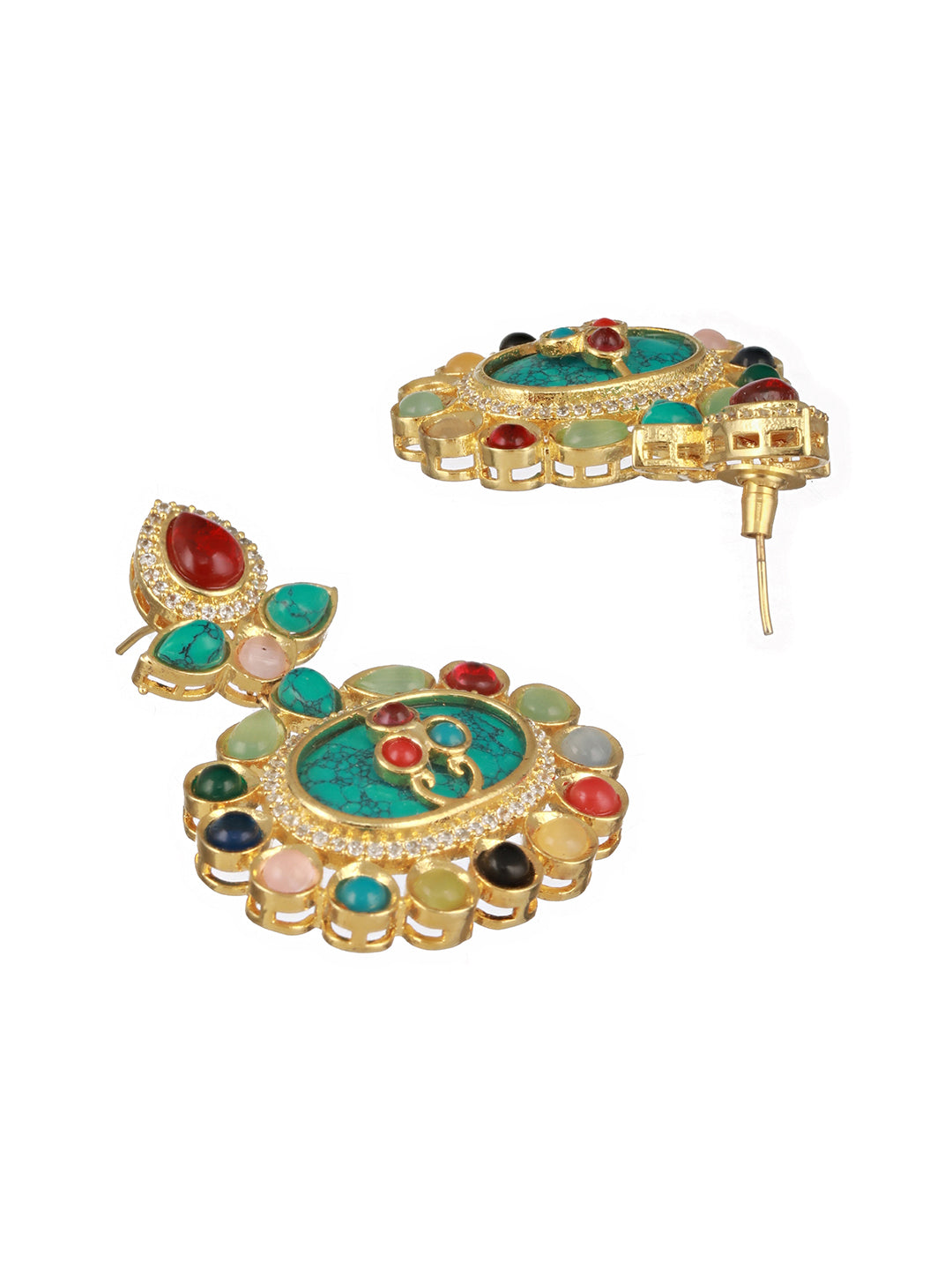 Gold plated Multicoloured Stones Studded Floral Double Layered Necklace Jewellery  Set