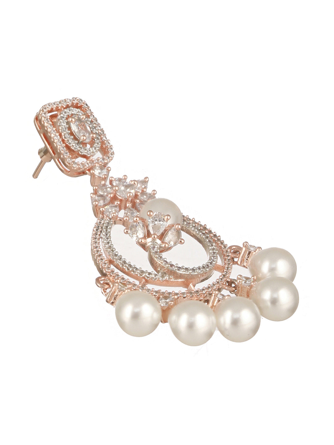 Rose Gold Platedd Zircon Studded Pearl Beaded Luxe Contemporary Chandbali Earrings