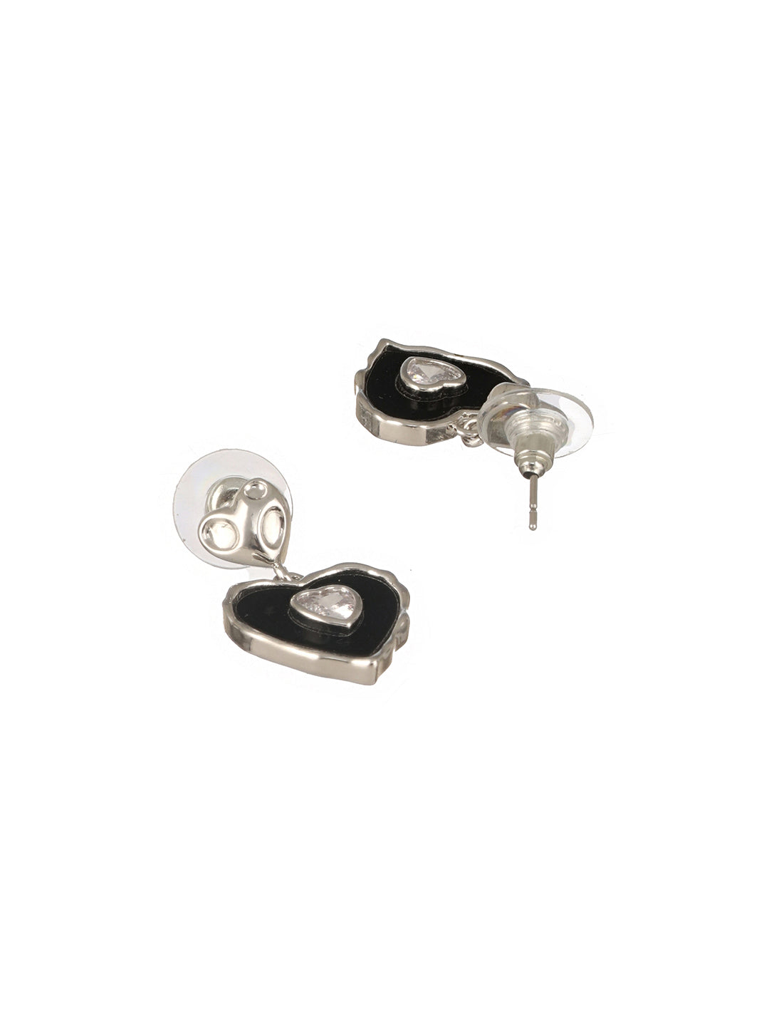Anti-Tarnish Silver Plated Black Enamelled Heart Shaped Minimal  Drop Down Studs Earrings