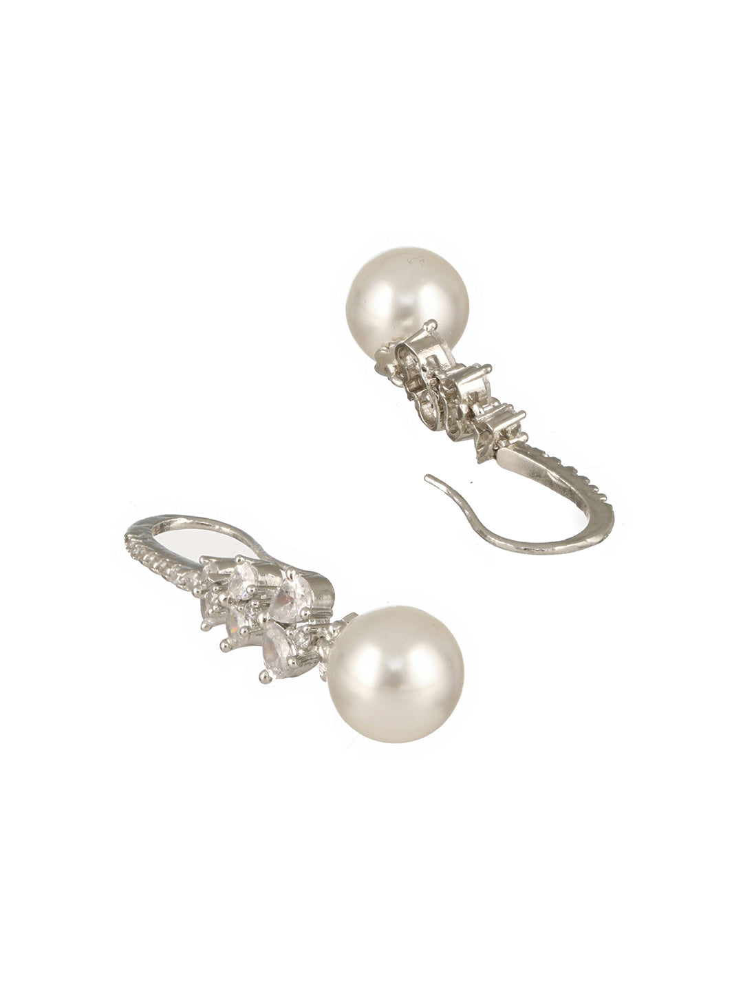 Silver Plated AD Studded Delicate Pearl Hook  Earrings