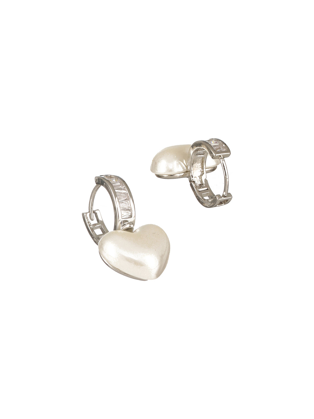 Anti-Tarnish Silver Plated Faux Pearl Studded Heart Shaped Small  Minimal Hoop Earrings
