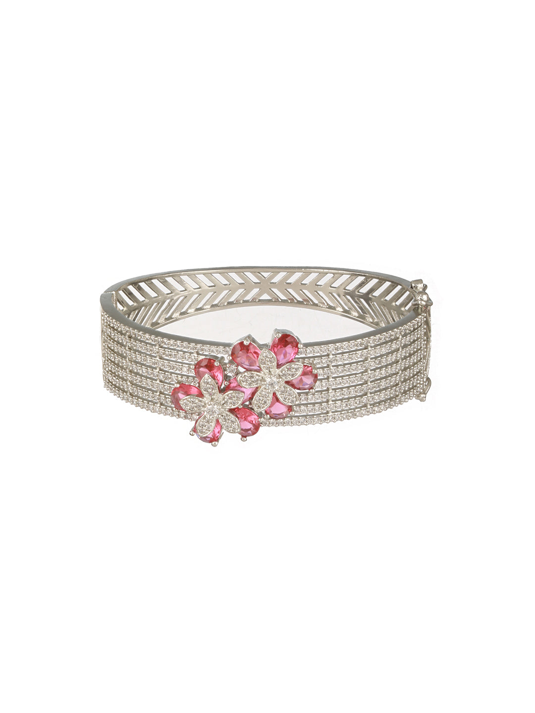 Silver Plated Ruby Red Floral Statement  Designer Brooch Kada Bangle Bracelet