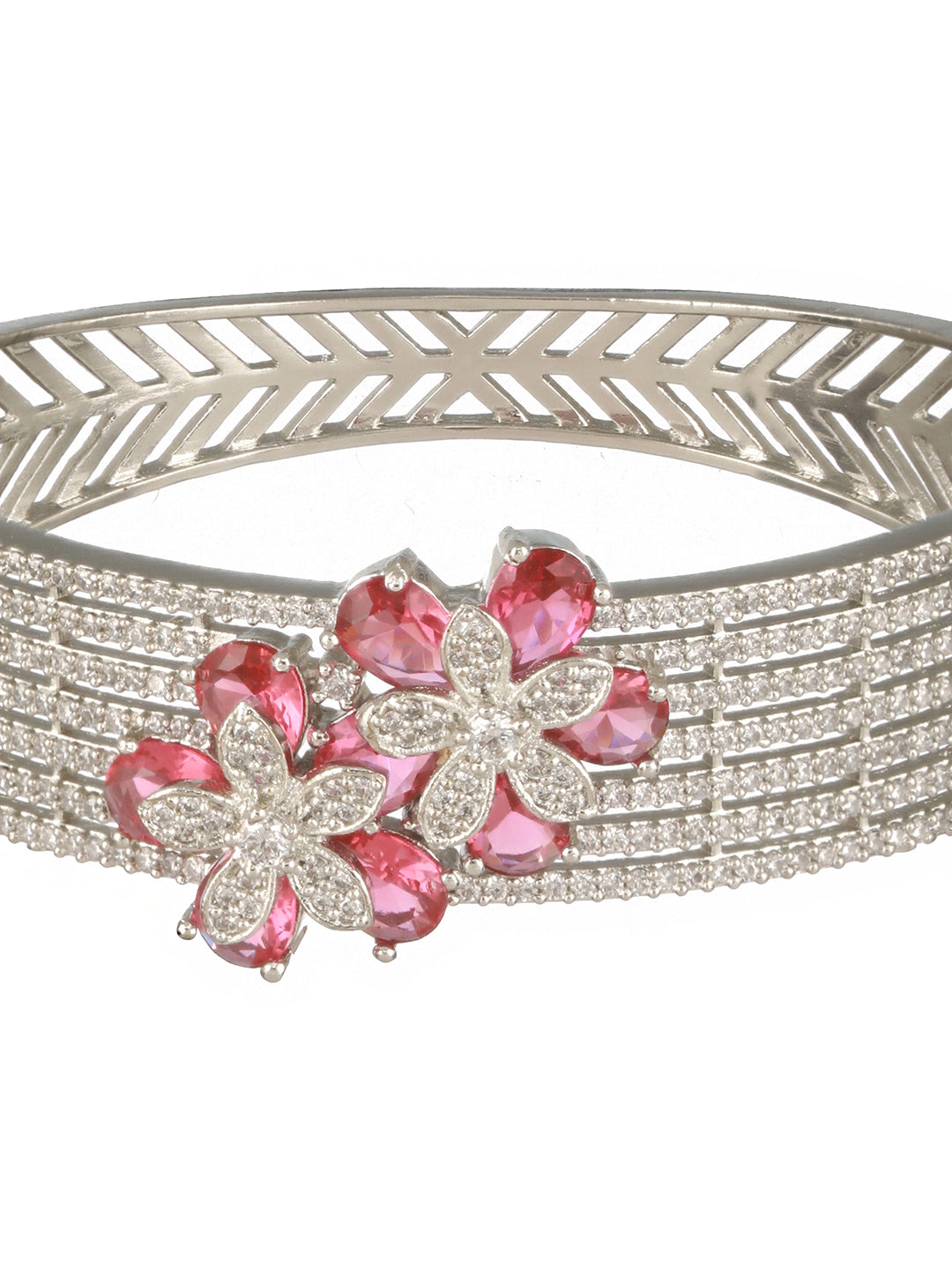 Silver Plated Ruby Red Floral Statement  Designer Brooch Kada Bangle Bracelet