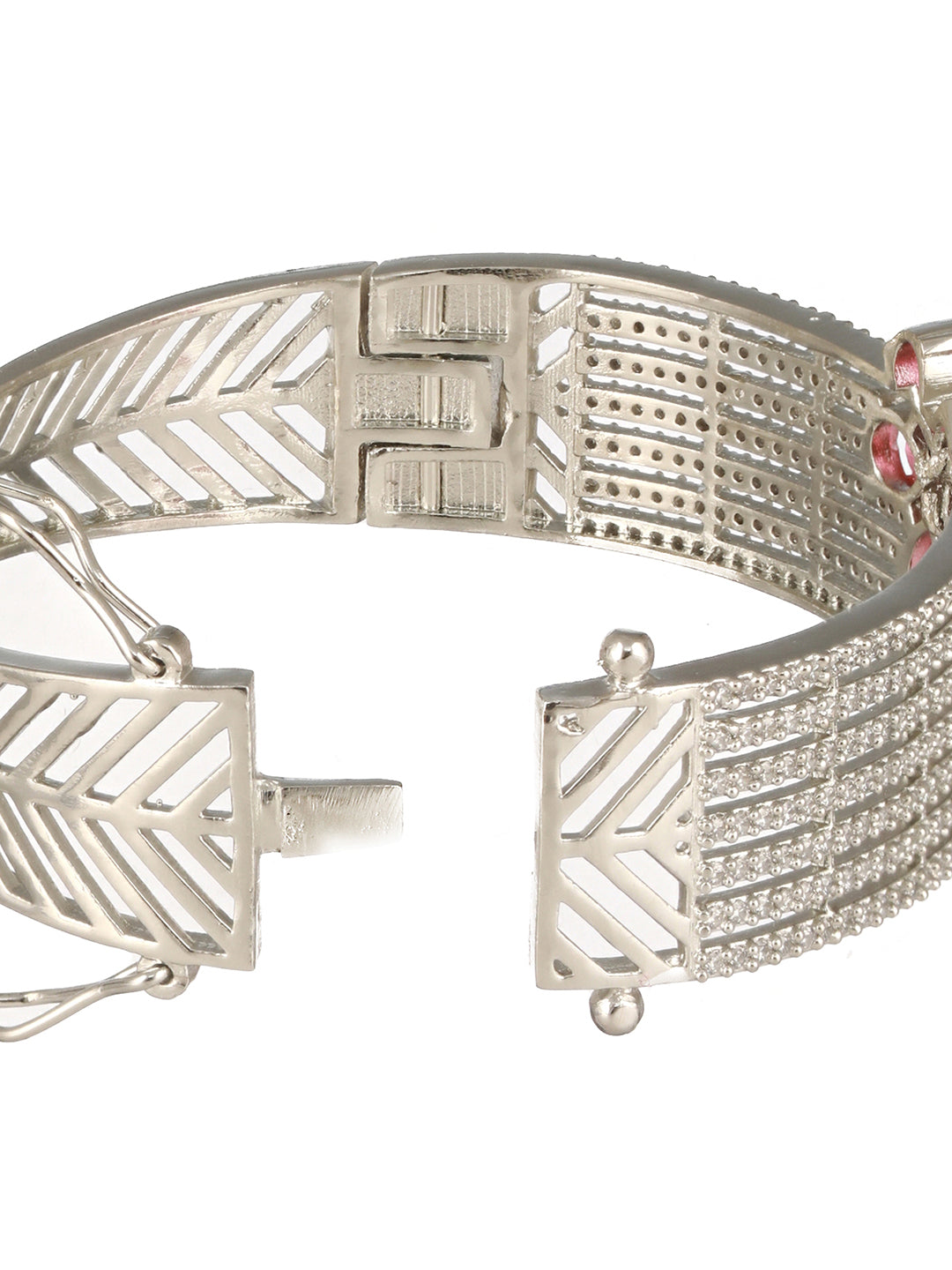 Silver Plated Ruby Red Floral Statement  Designer Brooch Kada Bangle Bracelet