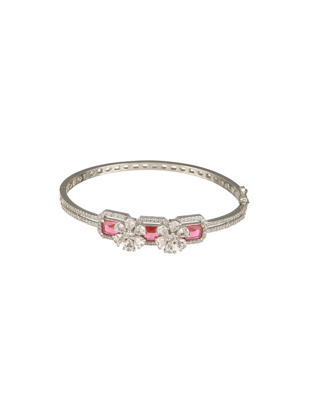 Silver Plated Ruby Red Delicate Luxe Floral Cuff Bangle Bracelet