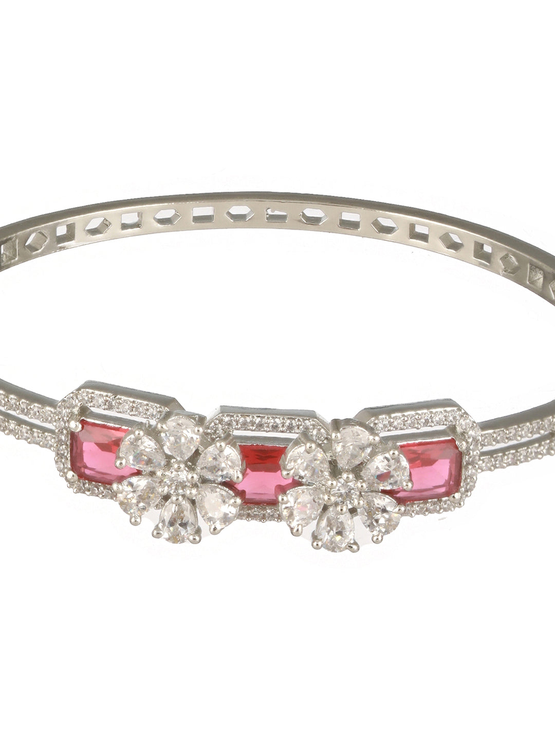 Silver Plated Ruby Red Delicate Luxe Floral Cuff Bangle Bracelet