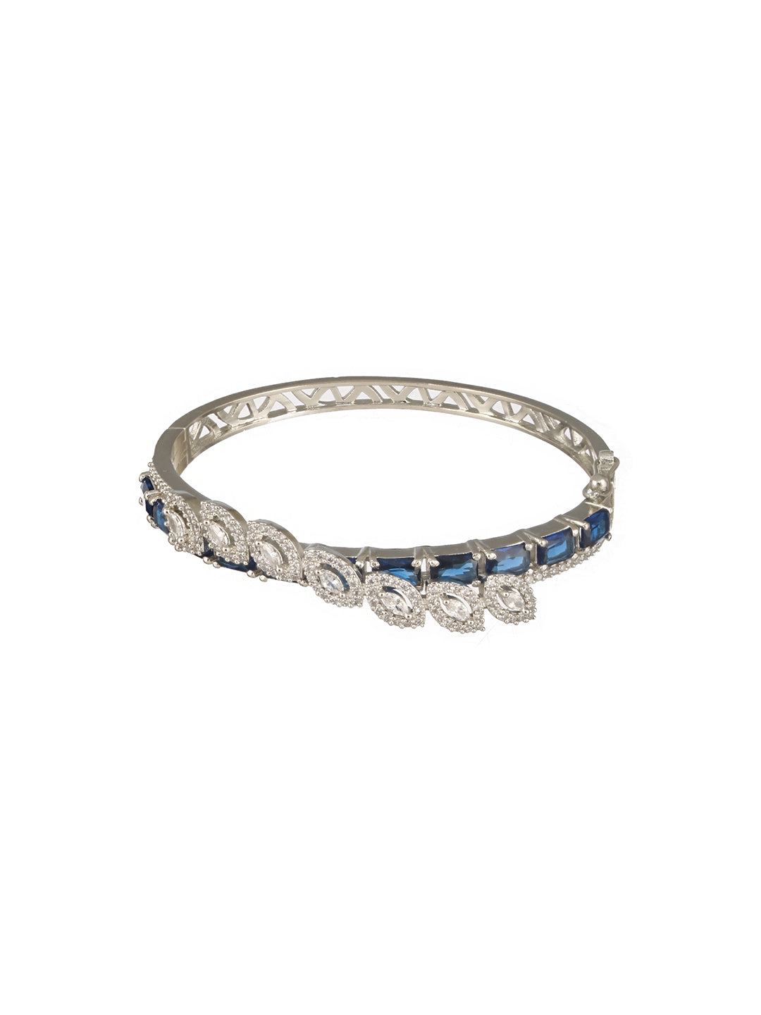 Silver Toned Sapphire Blue AD Studded Elegant  Designer  Leaf Kada Bangle  Bracelet