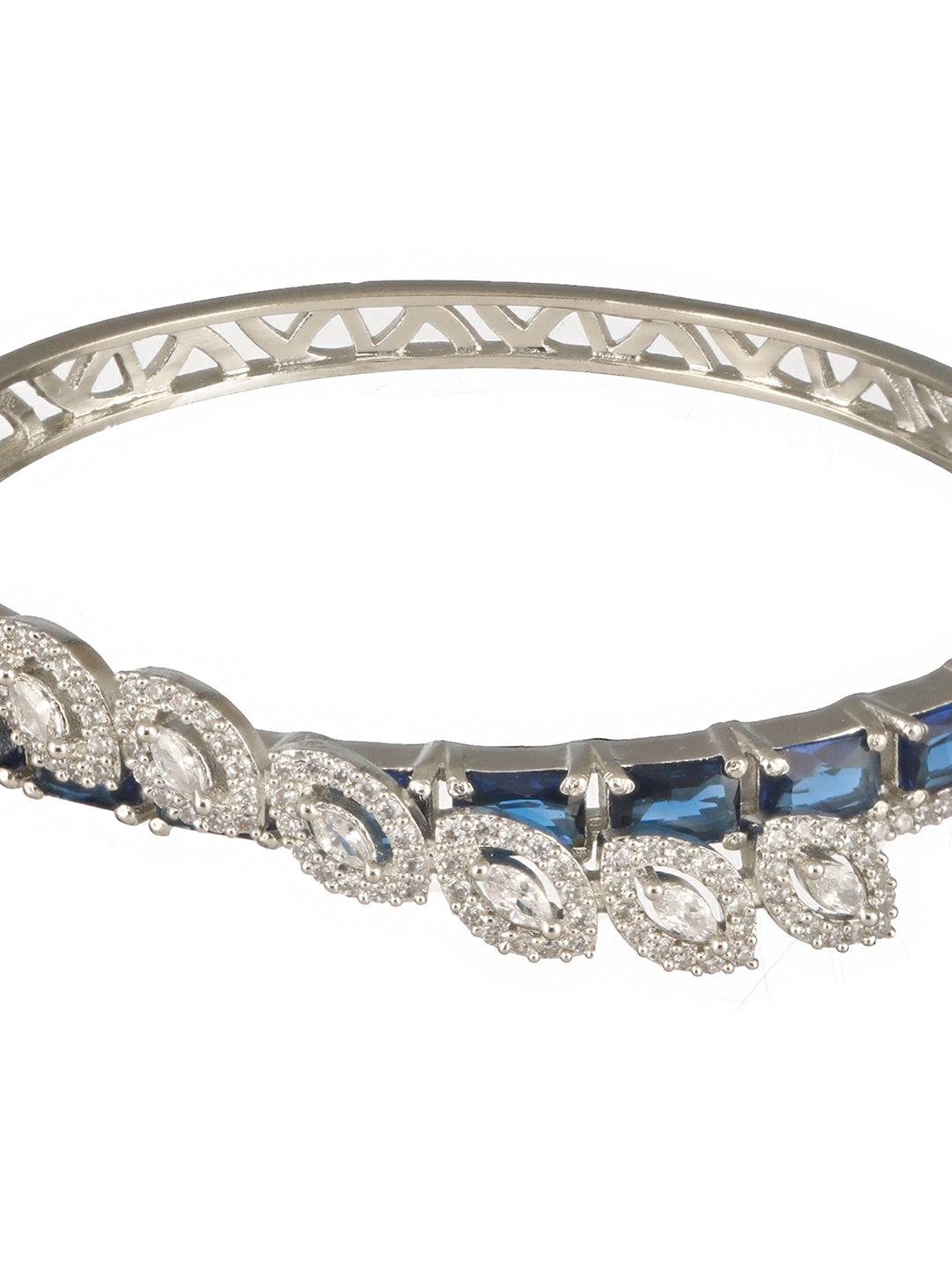 Silver Toned Sapphire Blue AD Studded Elegant  Designer  Leaf Kada Bangle  Bracelet