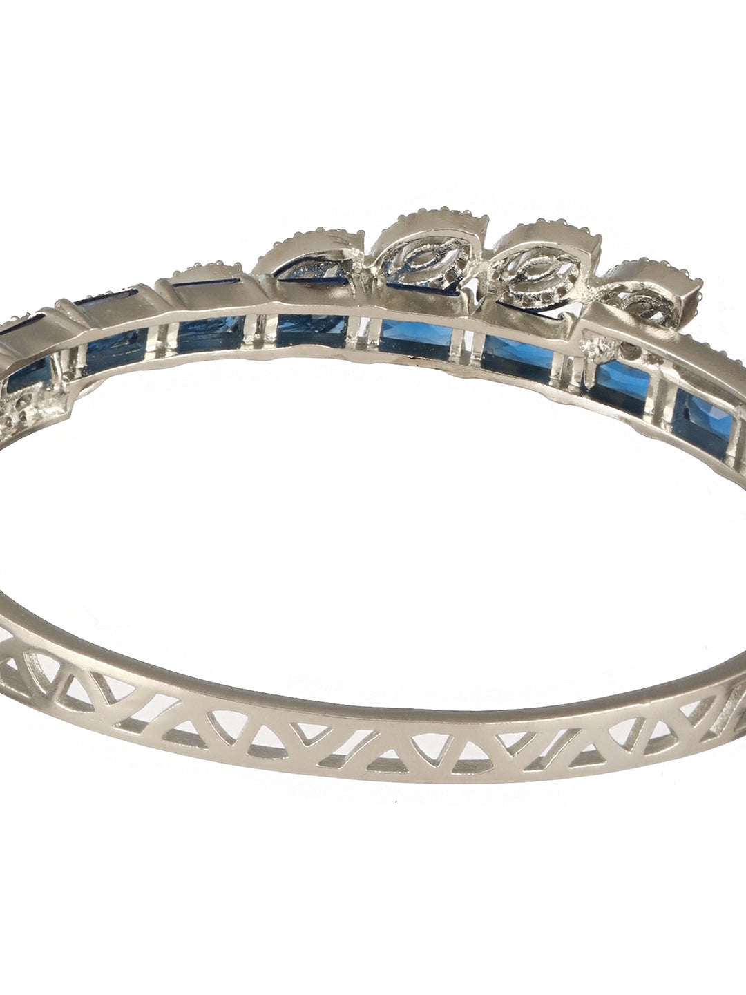 Silver Toned Sapphire Blue AD Studded Elegant  Designer  Leaf Kada Bangle  Bracelet