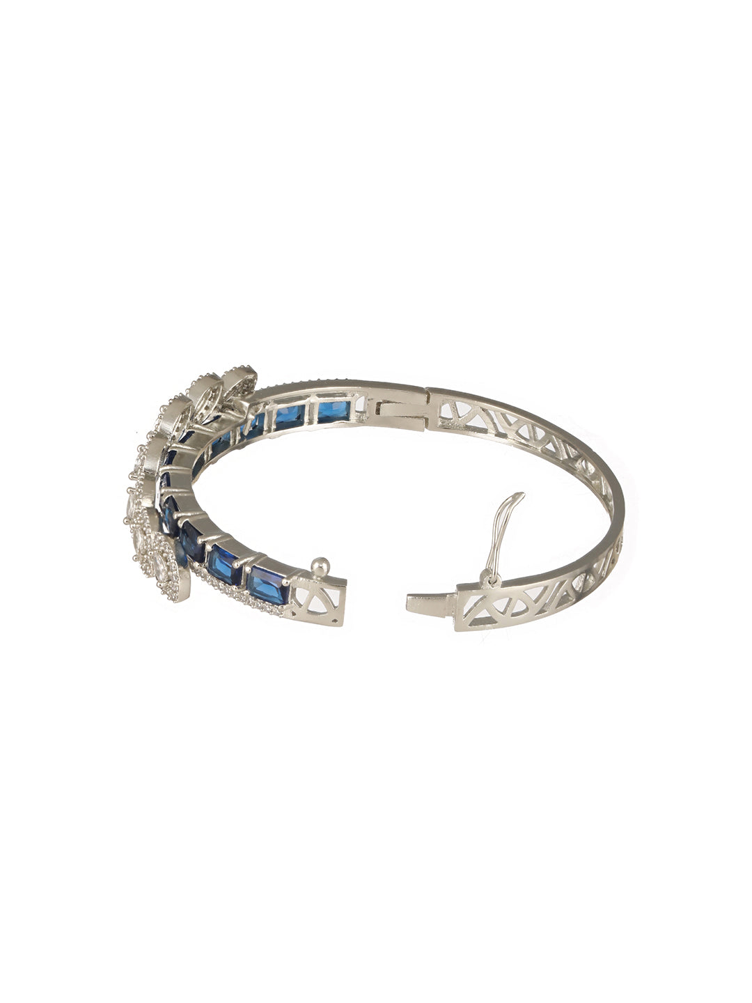 Silver Toned Sapphire Blue AD Studded Elegant  Designer  Leaf Kada Bangle  Bracelet