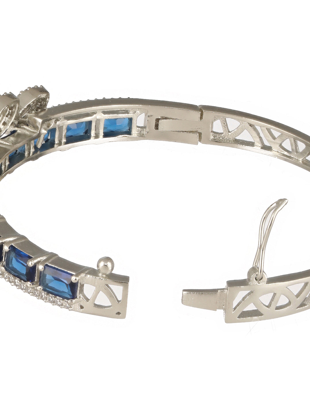 Silver Toned Sapphire Blue AD Studded Elegant  Designer  Leaf Kada Bangle  Bracelet
