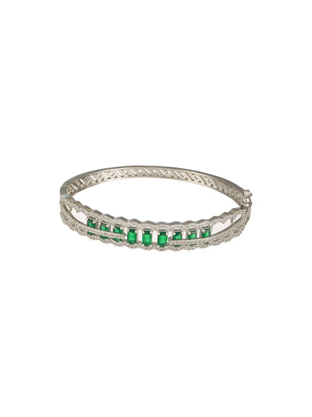 Silver Plated Emerald Green AD Studded Statement Delicate Kada Bracelet