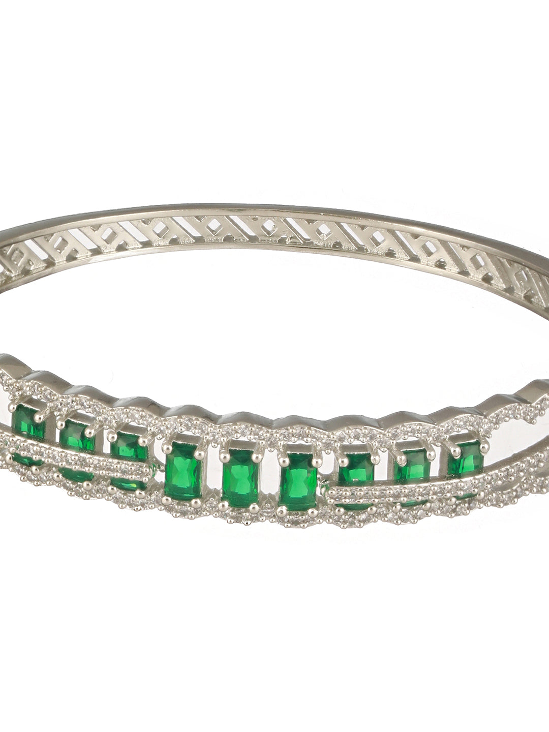 Silver Plated Emerald Green AD Studded Statement Delicate Kada Bracelet