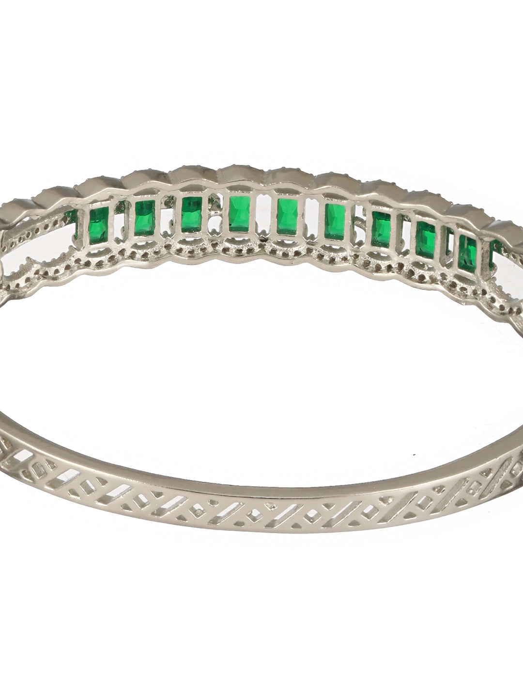 Silver Plated Emerald Green AD Studded Statement Delicate Kada Bracelet