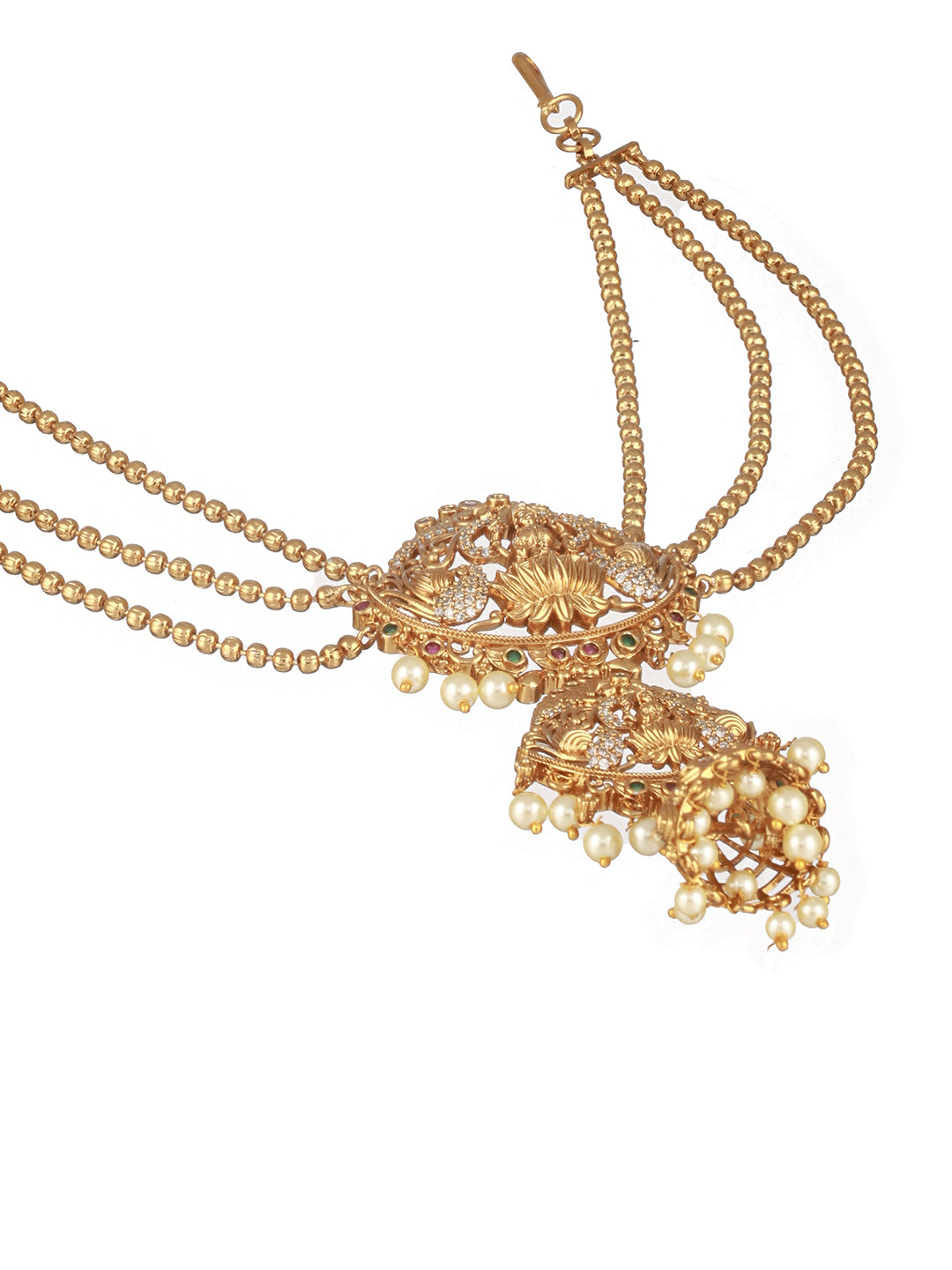 Gold Plated Red Kemp & Pearl Beaded  Shri Lakshmi Design Bridal  3 layered Chain Hair Brooch Jadai Billai