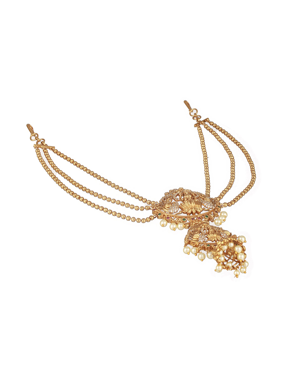 Gold Plated Red Kemp & Pearl Beaded  Shri Lakshmi Design Bridal  3 layered Chain Hair Brooch Jadai Billai