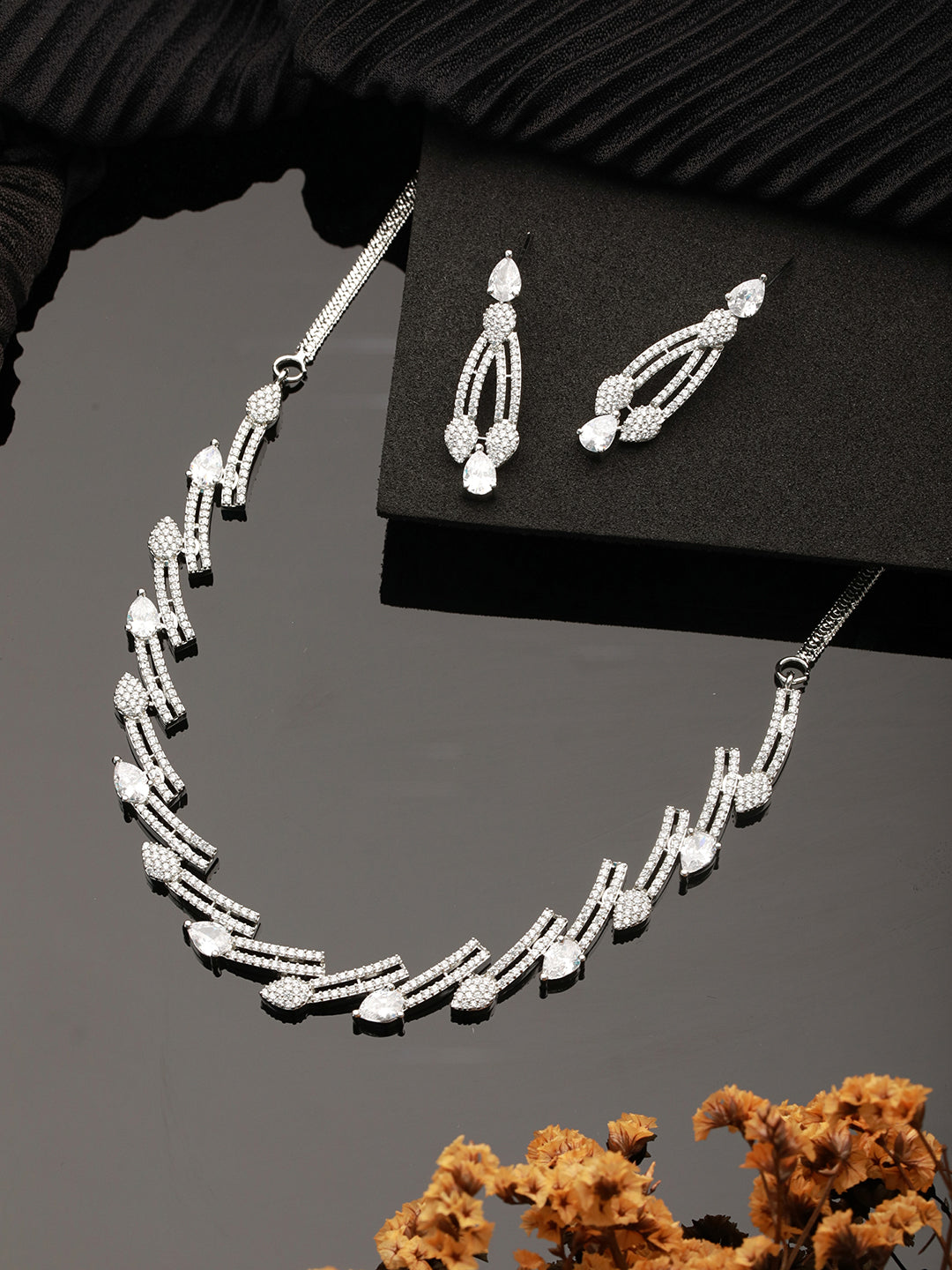 Silver Toned Zircon Studded Leaf Shaped Delicate Designer  Necklace jewellerySet