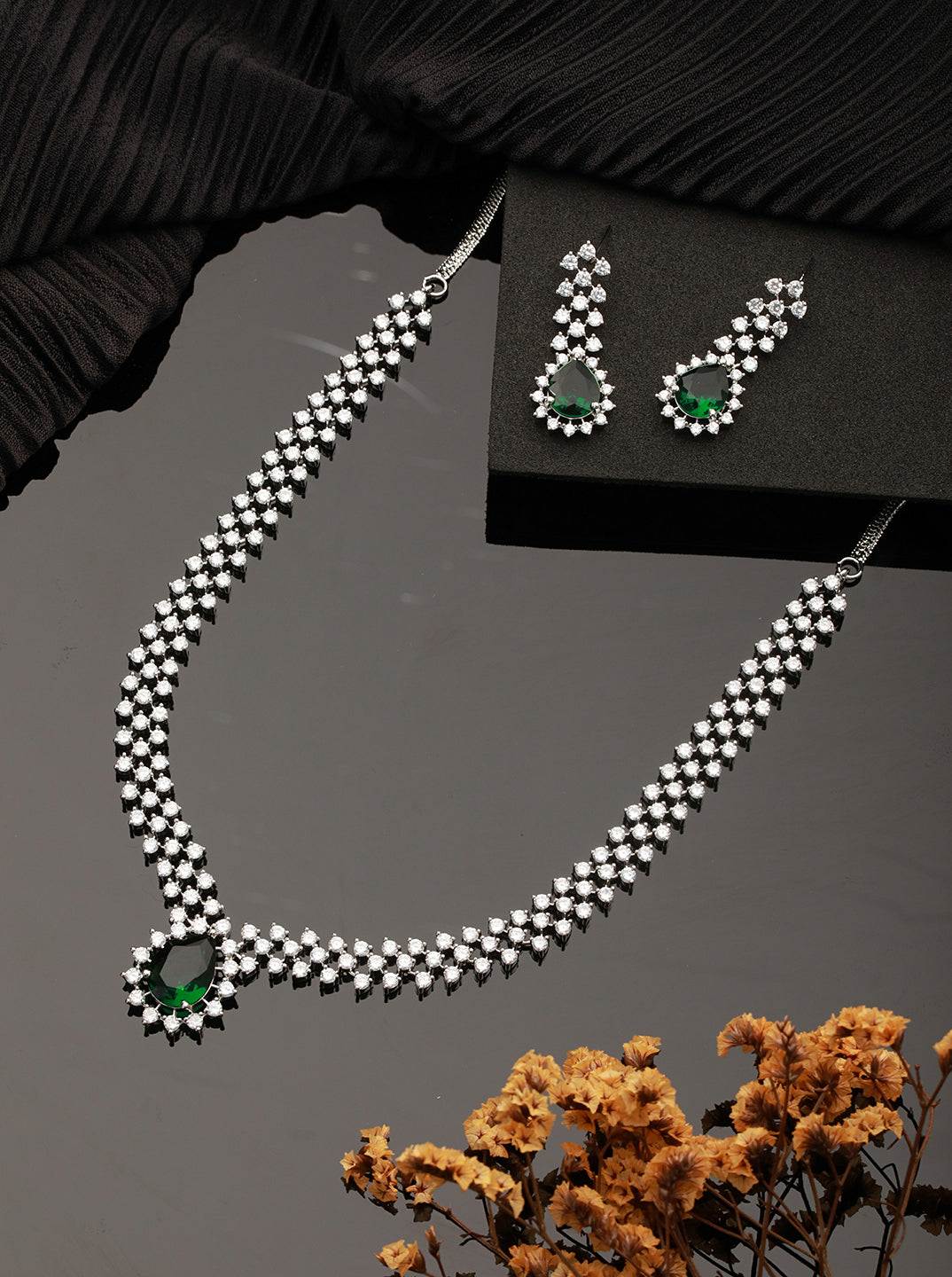 Silver Plated Emerald Green Zircon AD Studded Delicate Partywear Necklace Jewellery Set