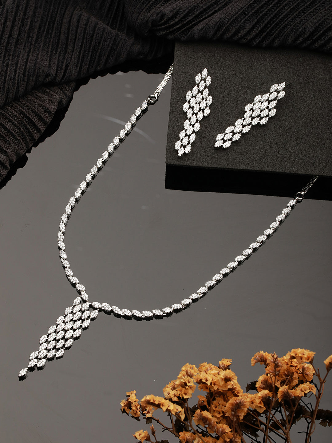 Silver Toned Ad Studded Quirky  Drop  Designer Wedding  Partywear Jewellery Set