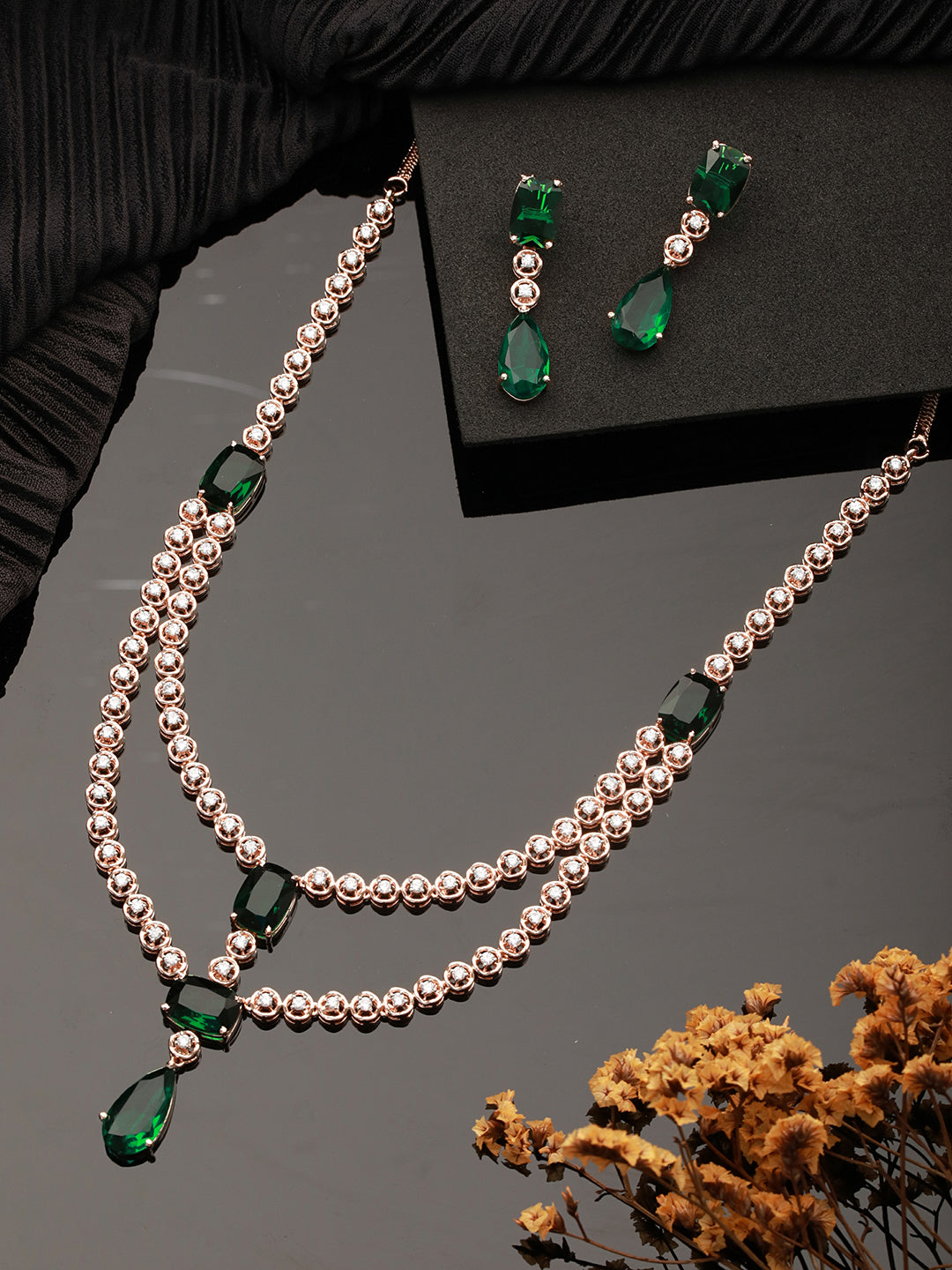 Rose Gold Plated Emerald Green AD Studded 2 Layered Luxe Designer Bridal Partywear Jewellery Set