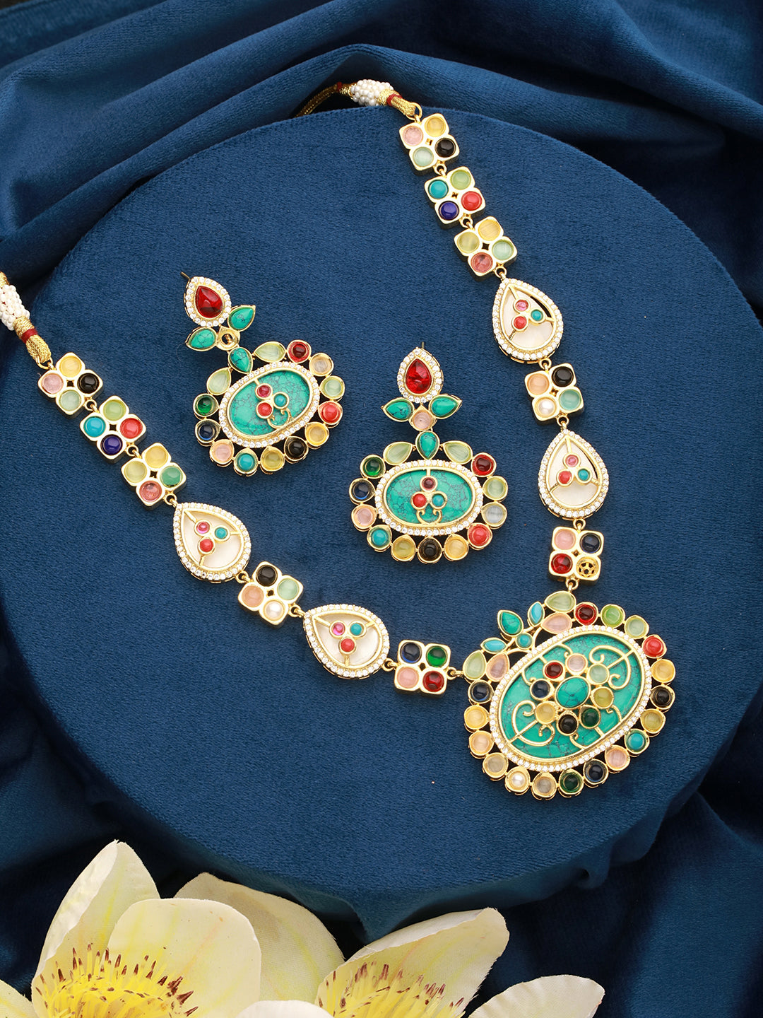 Gold plated Turquoise Blue Nav Ratan Kundan Floral Raanihaar Jewellery  Set