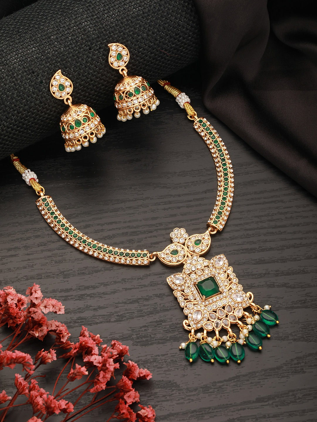Gold Plated Green  Zircon & Pearl Beaded Floral  Pipe Pendant Jewellery  Set With Jhumka