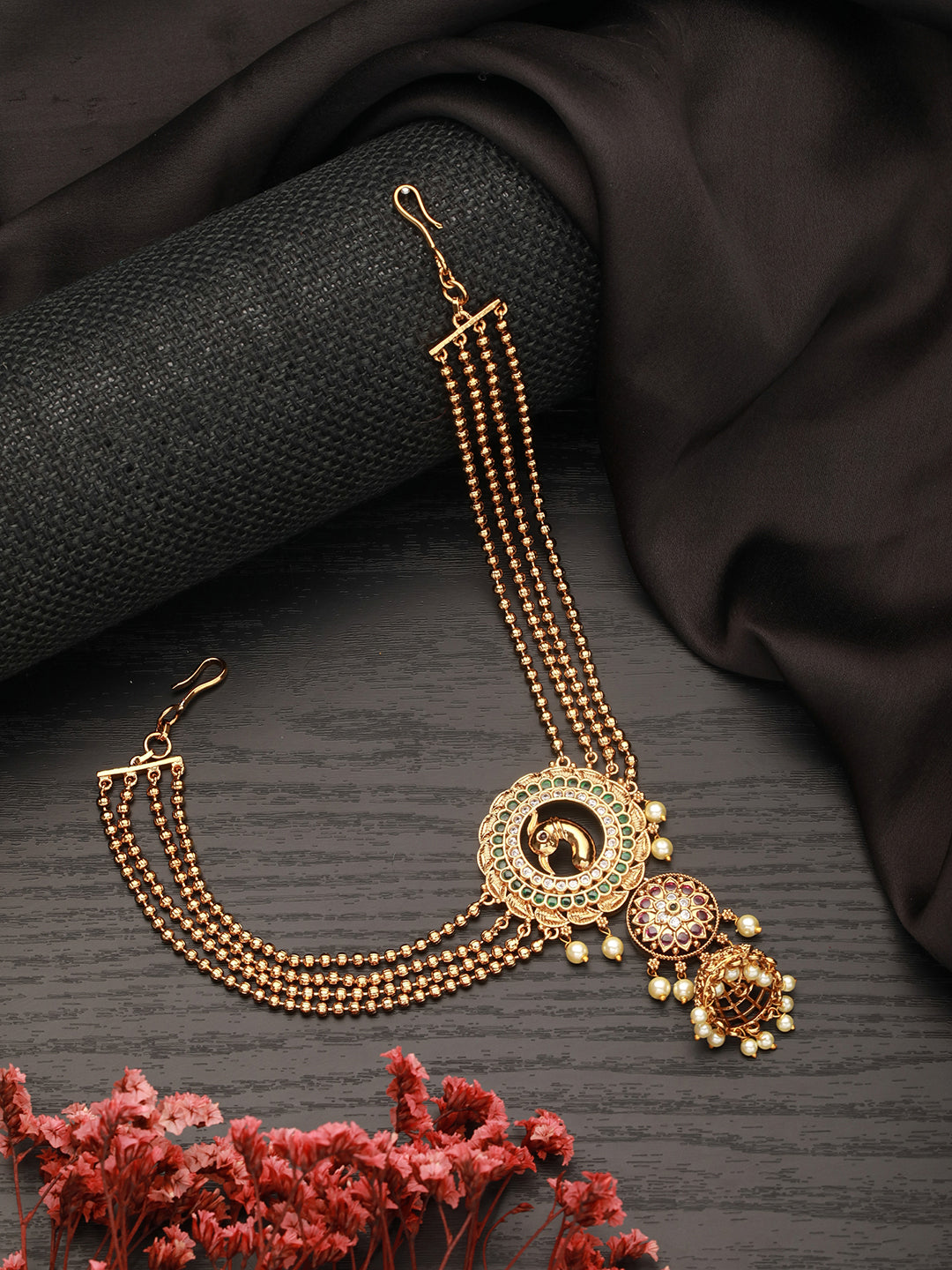 Gold Plated Kemp Studded Pearl Beaded Peacock Motif Bridal 3 layered chain Jadai billai Hair broach