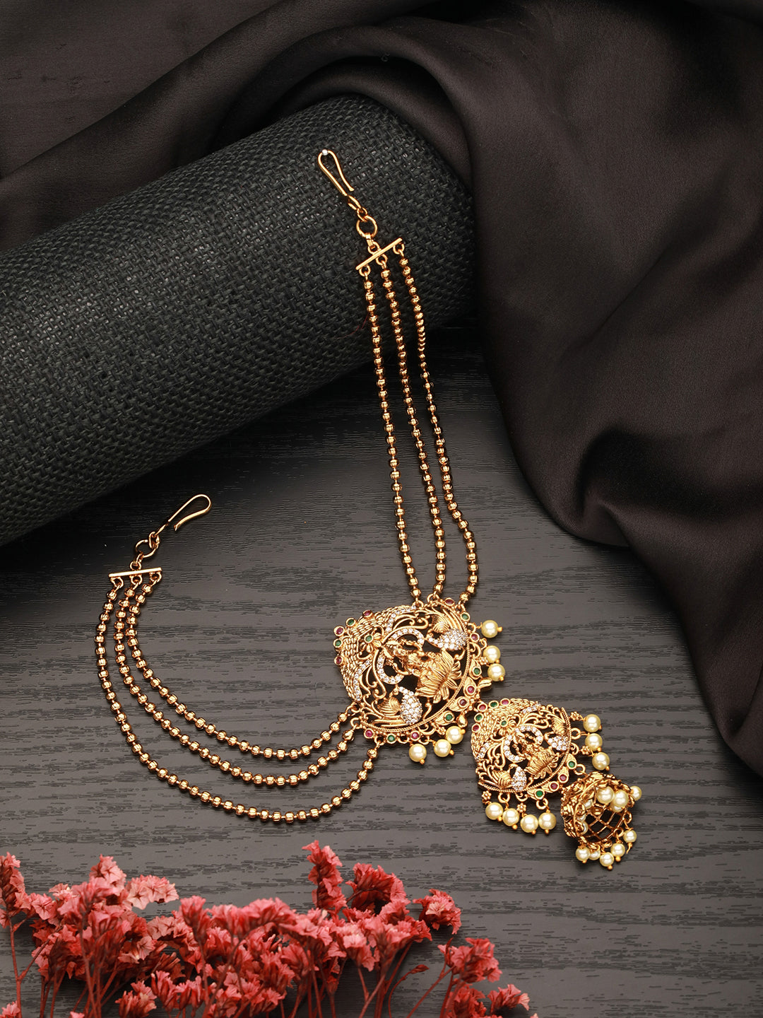 Gold Plated Red Kemp & Pearl Beaded  Shri Lakshmi Design Bridal  3 layered Chain Hair Brooch Jadai Billai