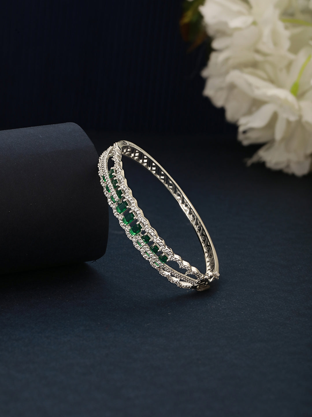 Silver Plated Emerald Green AD Studded Statement Delicate Kada Bracelet