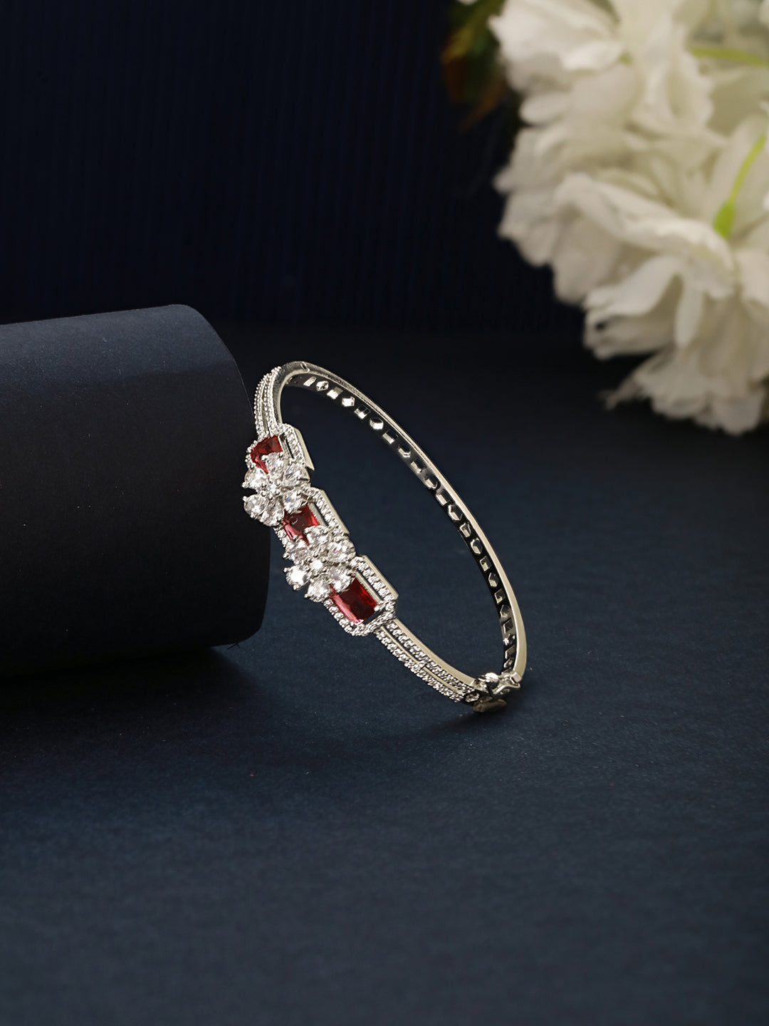 Silver Plated Ruby Red Delicate Luxe Floral Cuff Bangle Bracelet